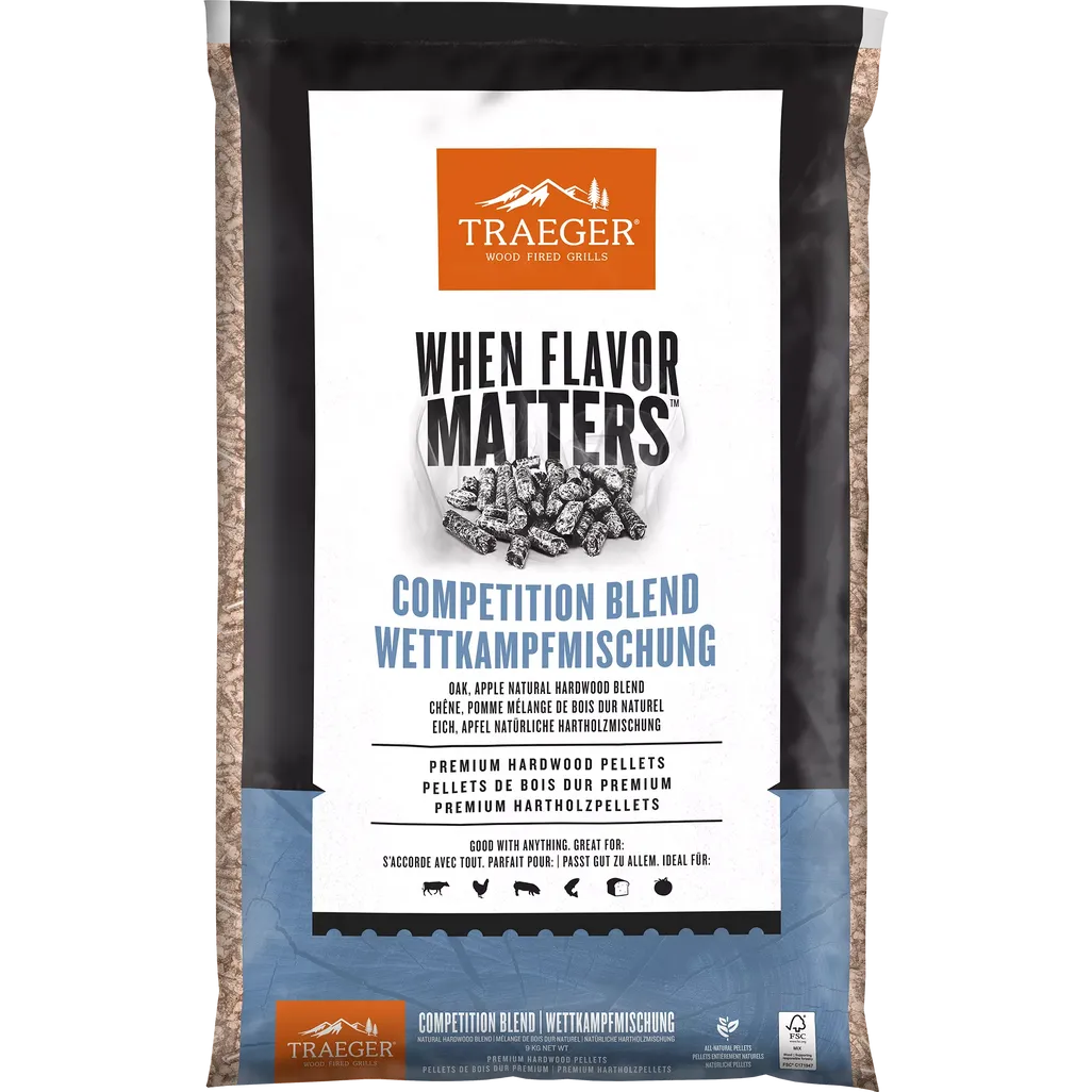 Traeger Competition Blend wood pellets packaging on a white background