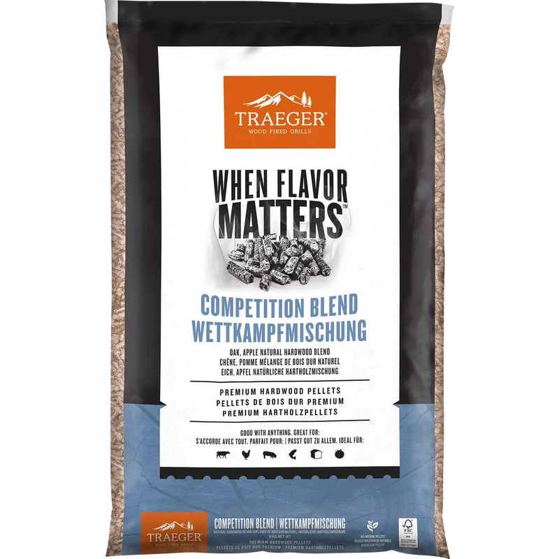 Traeger Competition Blend wood pellets packaging on a white background