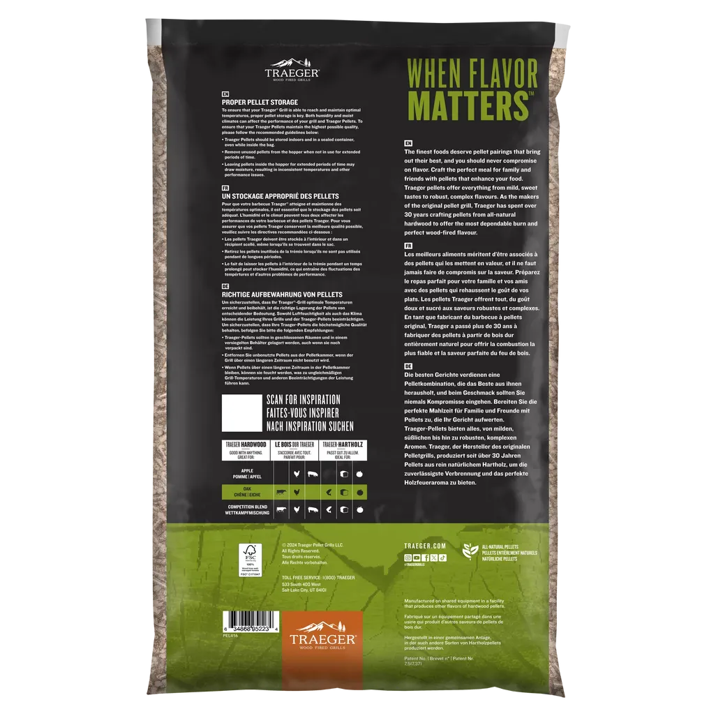 Traeger branded pellet packaging with text and branding on a white background
