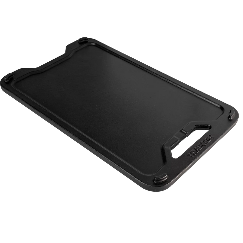 Black rectangular griddle on a white background