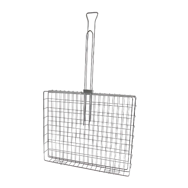 A silver stainless steel colander with a fixed handle and hinged lid.