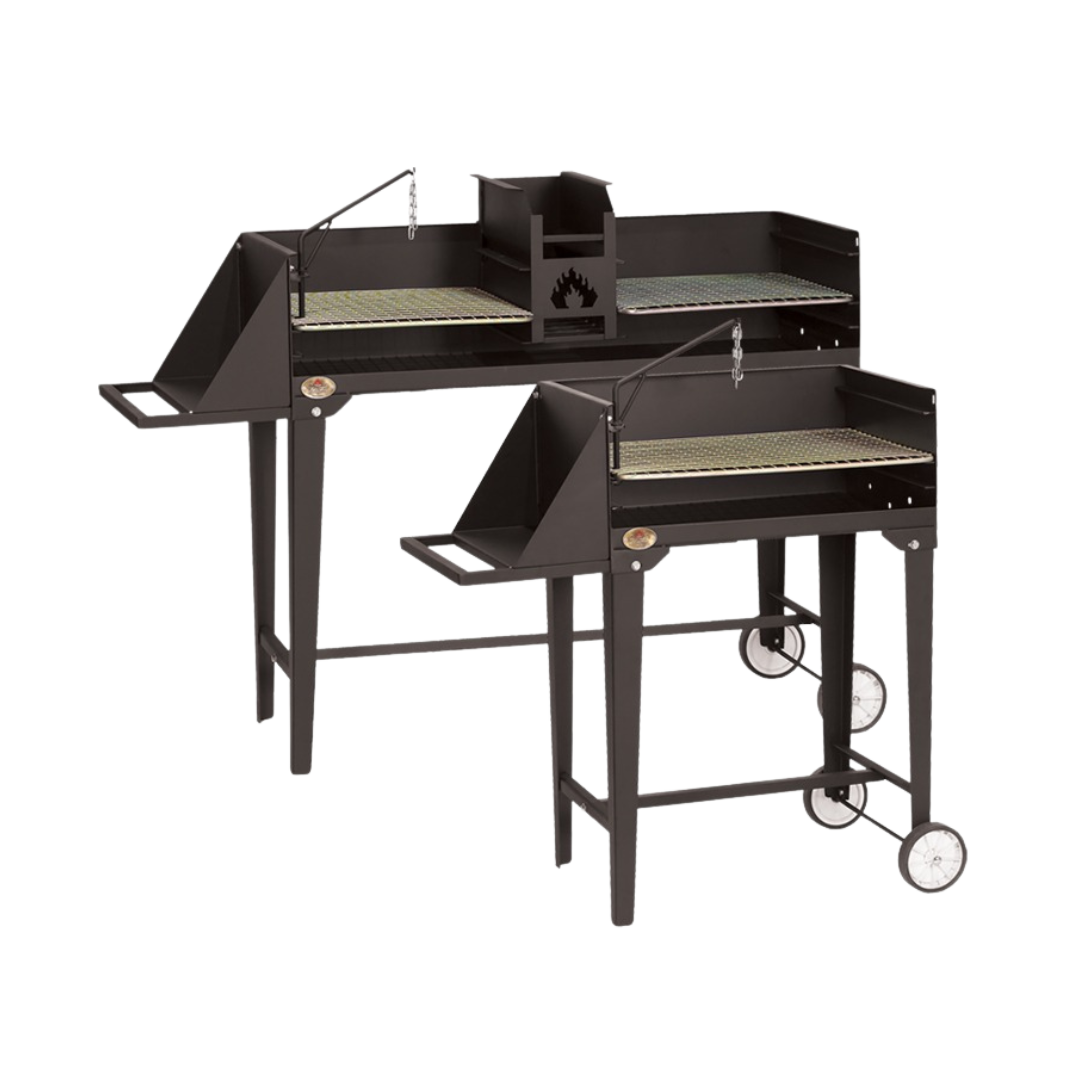 A black trolley braai grill with a closed lid, side shelves, and wheels visible.