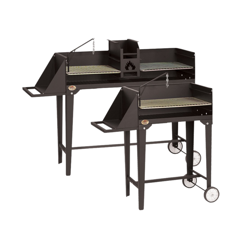 A black trolley braai grill with a closed lid, side shelves, and wheels visible.