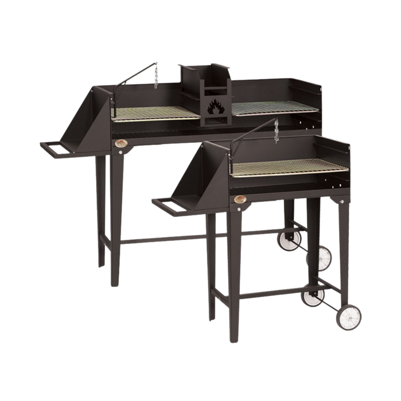 A black trolley braai (barbecue) unit with a full-length braai grid, integrated ash pan, poker potjie hook, legs and wheels, displayed on a white background.