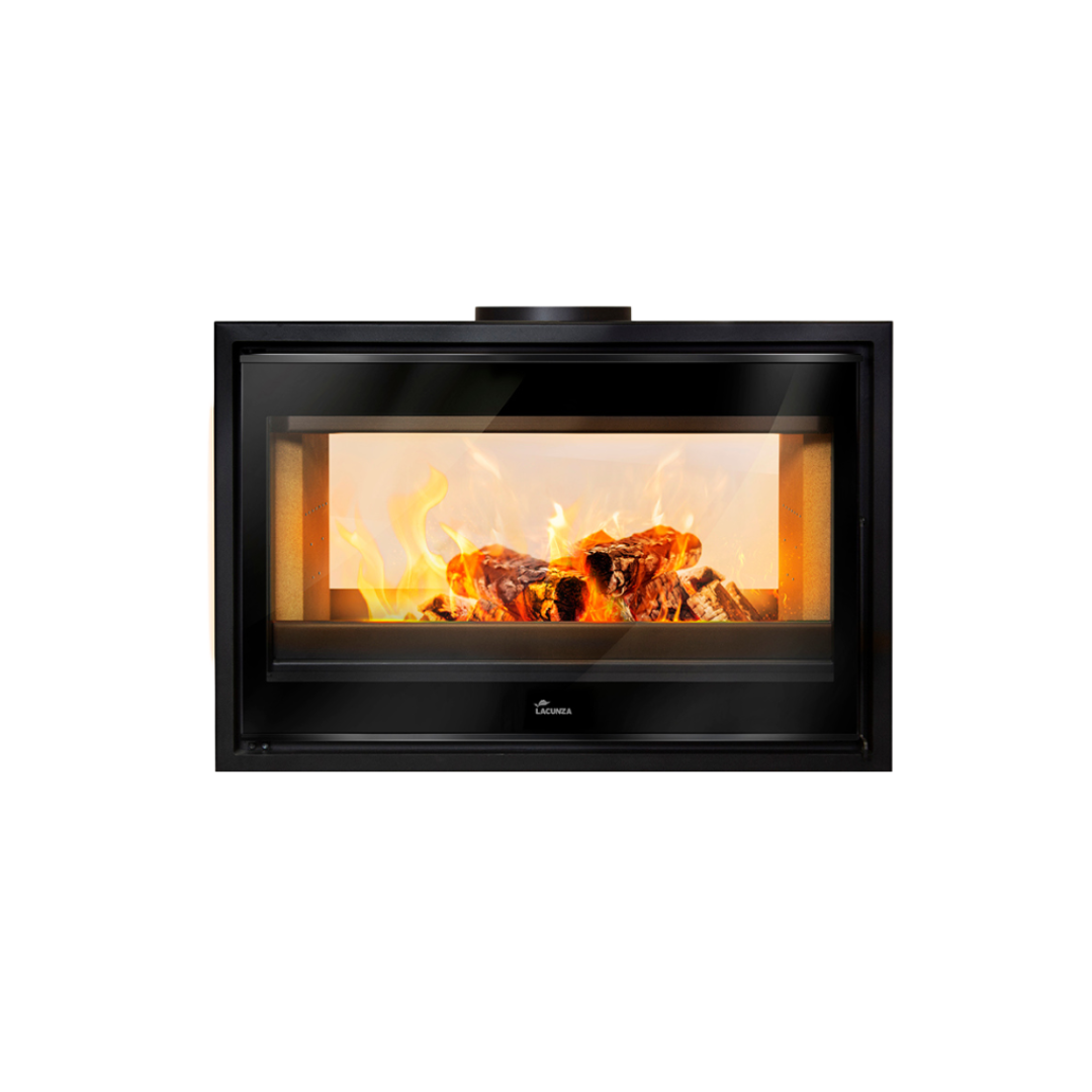 A double-sided, black freestanding wood fireplace with full glass doors and visible flames inside.