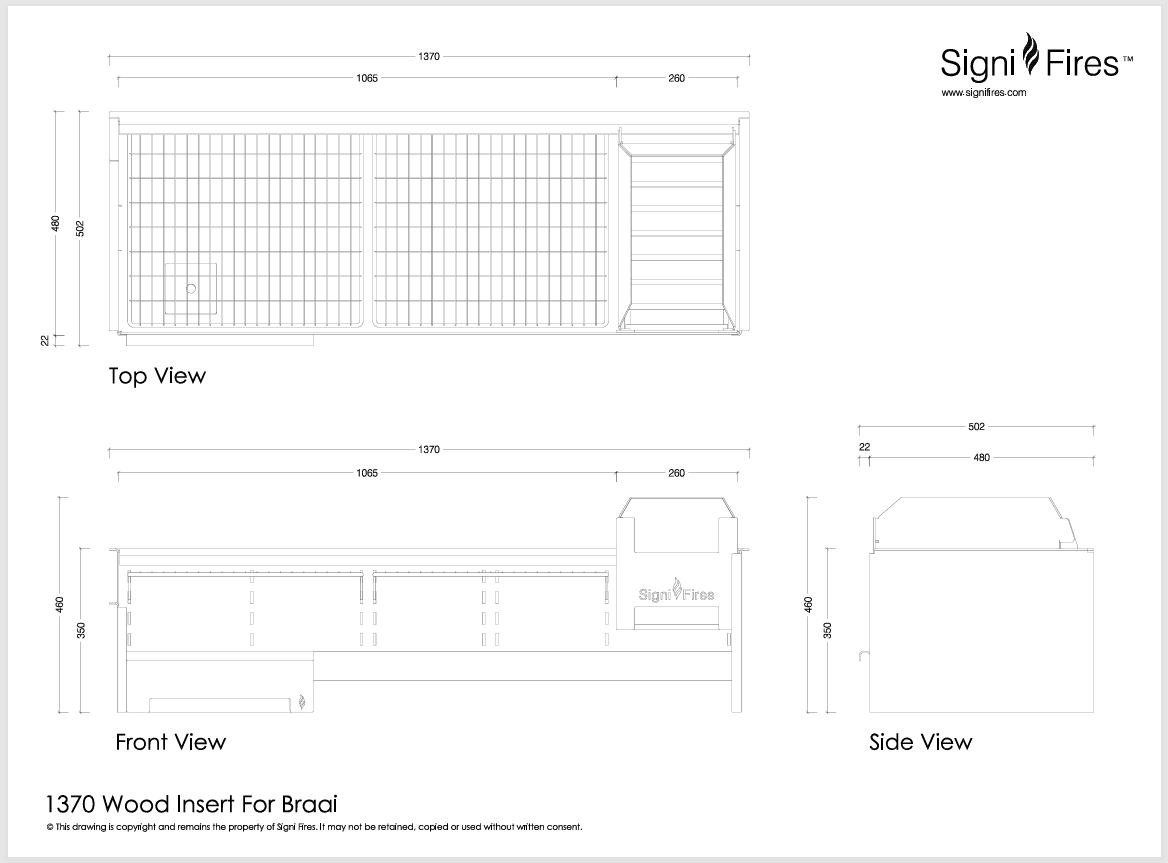 1370 Wood insert for braai - technical diagram efficient fireplace design