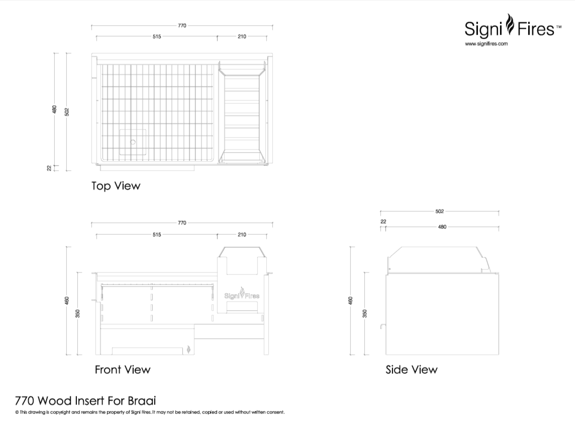 Wood insert 770 technical info diagram, measurements and clearances
