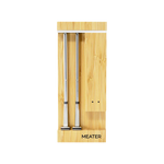 Two metal probes in a wooden packaging with 'MEATER' branding on a white background.