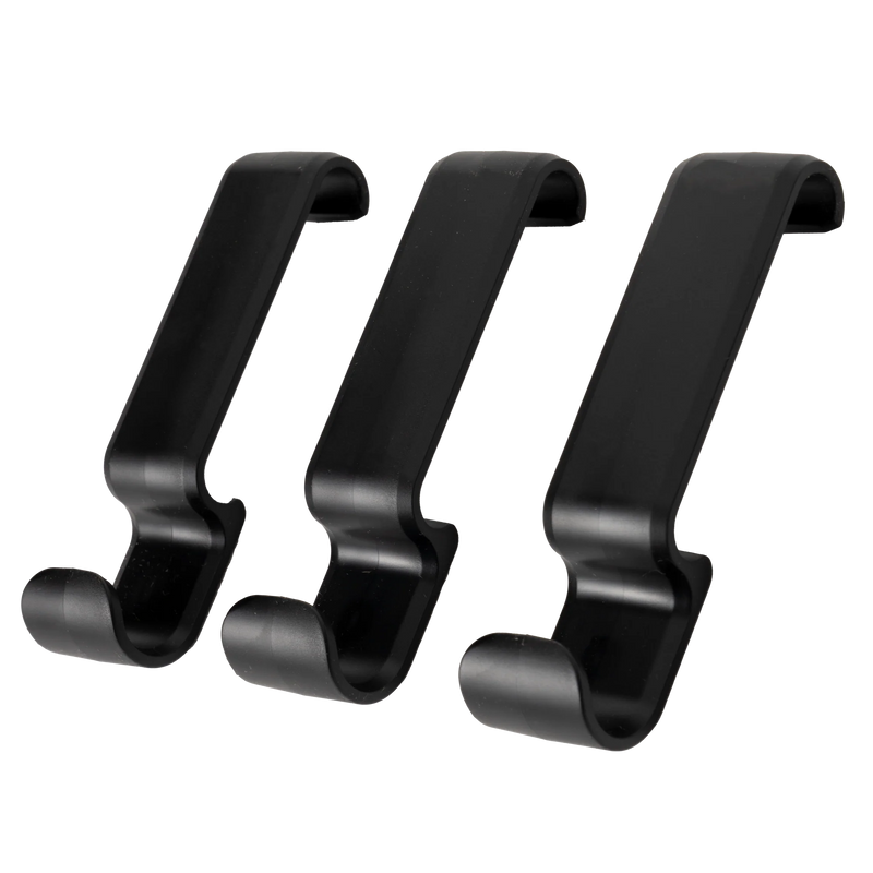 Three black hooks on a white background
