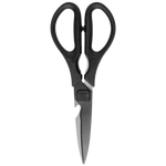 Black-handled scissors with a metallic blade on a white background