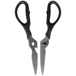 Black-handled scissors with metallic blades on a white background