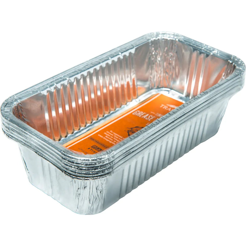Aluminum foil food container with a visible brand label on a white background