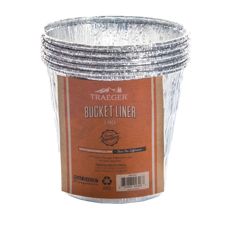 Pack of Traeger bucket liners with a clear lid on a white background