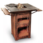 Rustic corten-steel outdoor braai grill with a square flat-top cooking surface, central fire pit, side shelves, and storage compartments.”