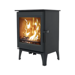 A black CHARNWOOD CRANMORE 5 wood stove with a visible fire through the glass door.