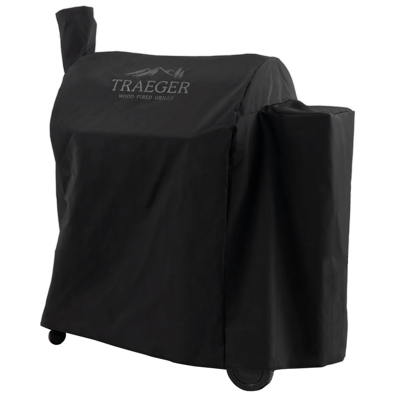 Black grill cover with Traeger logo on a white background