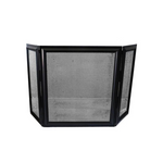 A foldable black fireplace screen made of metal with a mesh design.