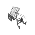 A stainless steel fireplace rib stand with a logo on the side, featuring a metal rod and a set of bellows attached.