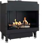 Black freestanding fireplace with flames and logs inside on a white background