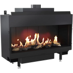Black fireplace with burning logs and flames on a white background