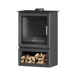 A black freestanding wood fireplace with a visible log box at the bottom.