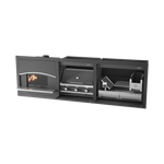 A black outdoor braai grill combo with pizza oven section, gas and wood options visible.