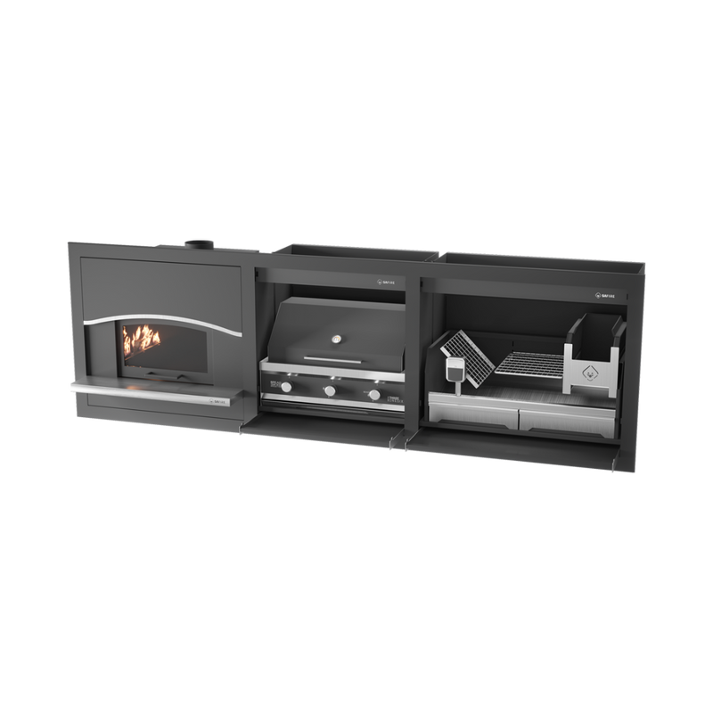 A black outdoor braai grill combo with pizza oven section, gas and wood options visible.