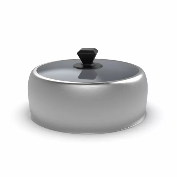 Silver cooking pot with a dark glass lid and black handle.