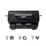 A black portable charcoal BBQ with a closed lid, displaying the dimensions of the grill and indicating it is powered by either a power cord or batteries.